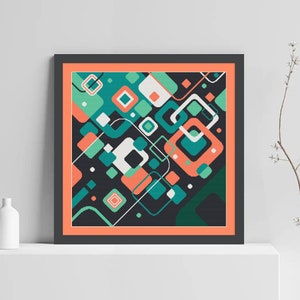 Pode incluir: Impress&atilde;o de arte geom&eacute;trica abstrata com fundo preto e quadrados e ret&acirc;ngulos coloridos em tons de verde, azul, laranja e branco. A impress&atilde;o &eacute; emoldurada em uma moldura preta com uma borda interna coral.