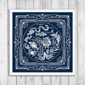 May include: A white and blue cross-stitch pattern featuring a variety of sea creatures, including fish, a crab, an octopus, and a seahorse, all enclosed within a decorative frame.