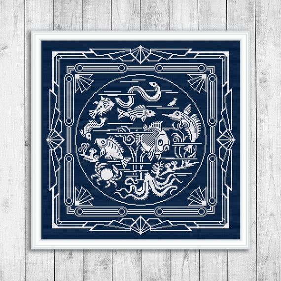 Sampler Cross Stitch Pattern, Ocean Cross Stitch Pattern, Fish, Modern Cross Stitch, Sea, Octopus, Embroidery Sampler, Instant Download PDF