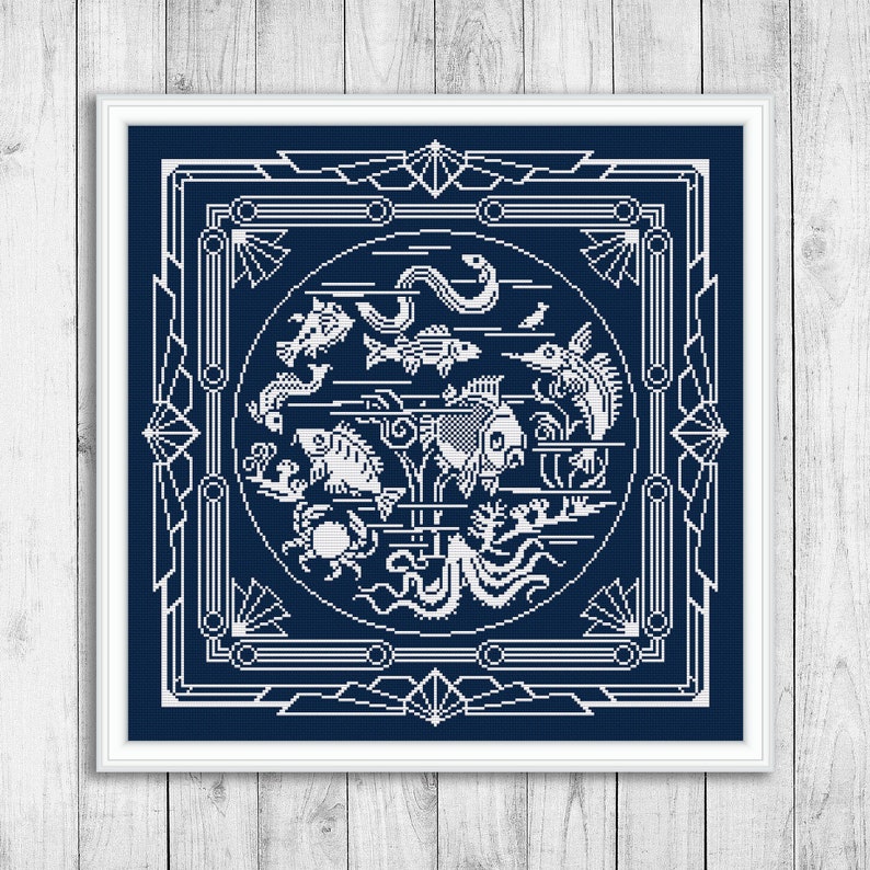 May include: A white and blue cross-stitch pattern featuring a variety of sea creatures, including fish, a crab, an octopus, and a seahorse, all enclosed within a decorative frame.