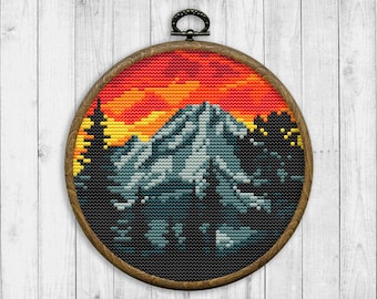 Reduced Version Landscape Modern Cross Stitch Pattern, Nature Counted Cross Stitch Chart, Mountain, Forest, Sky, Trees, Instant Download PDF