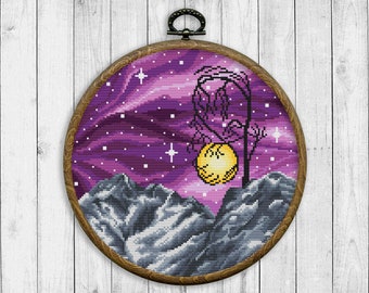 Nature Cross Stitch Pattern, Landscape Counted Cross Stitch Chart, Starry Sky, Moon, Mountain, Tree, Night Landscape, Cross Stitch Chart
