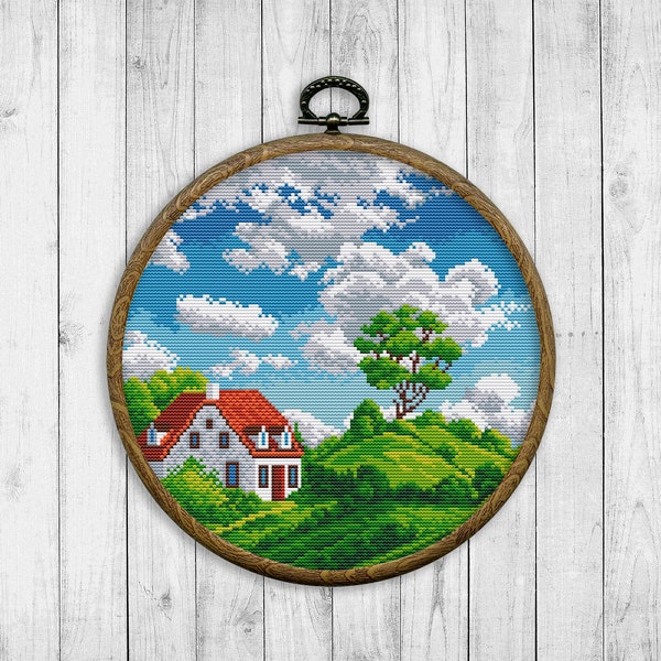 Modern Cross Stitch Pattern, Nature Cross Stitch Pattern, Village House, Landscape Cross Stitch, Summer Green Hills, Mountain, Skyline, Tree