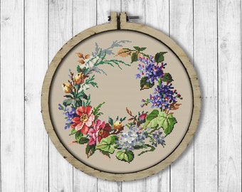 Vintage Wreath # 1 Cross Stitch Pattern, Antique Flowers Cross Stitch Pattern, Vintage Flowers, Flowers Wreath, Modern Embroidery Flowers