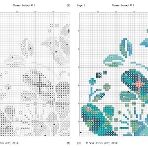 May include: Black and white cross stitch pattern with a floral design. The pattern is labeled "Flower Galaxy # 1" and includes the text "2x2 Stitch Art, 2019".
