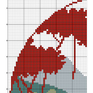 May include: A red, gray, and teal cross-stitch pattern depicting a landscape with a mountain, water, and a heart-shaped design. The pattern is labeled "Monochrome Landscape 1" and "2x2 Stitch Art", 2019.