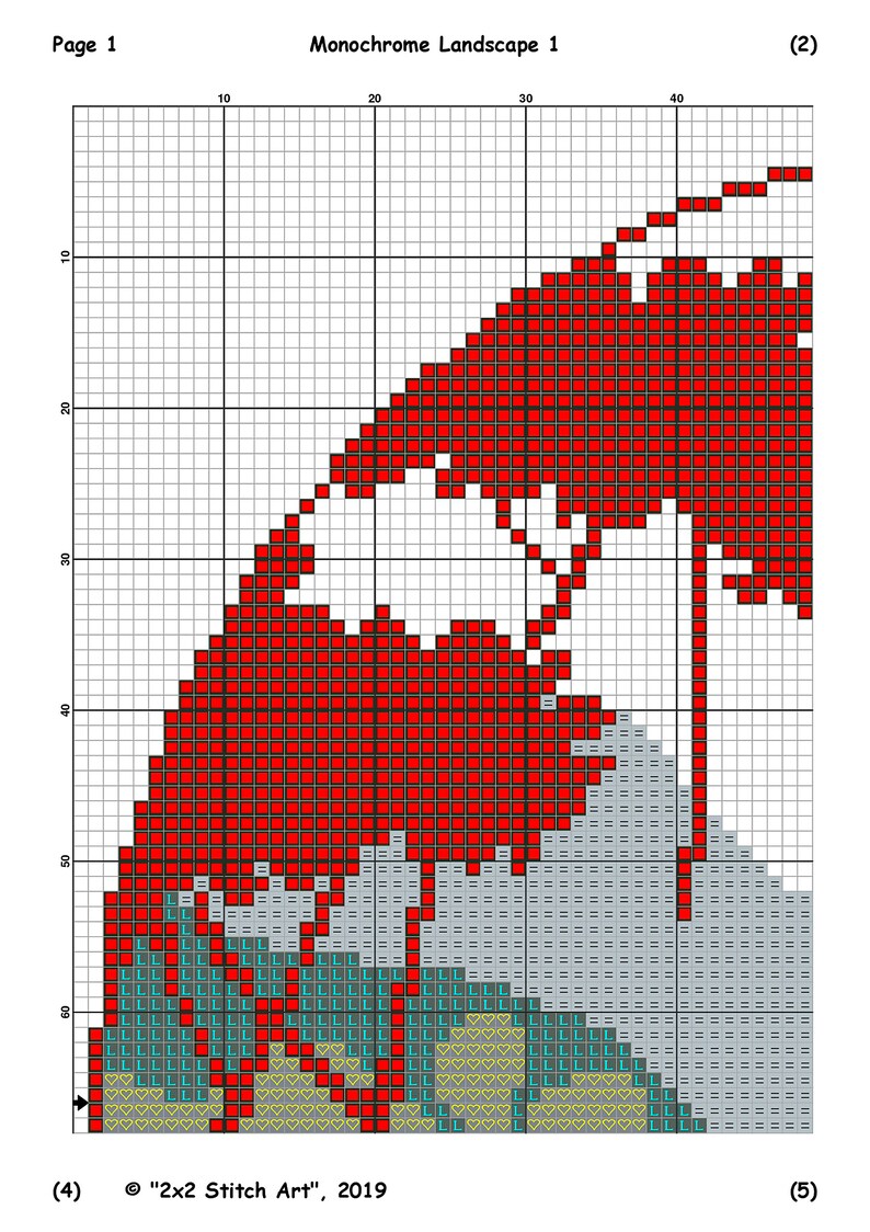 May include: A red, gray, and teal cross-stitch pattern depicting a landscape with a mountain, water, and a heart-shaped design. The pattern is labeled "Monochrome Landscape 1" and "2x2 Stitch Art", 2019.