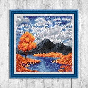 Nature Cross Stitch Pattern, Modern Cross Stitch Pattern, Autumn Landscape Cross Stitch Pattern, Mountain, River, Tree, 4 Seasons, Clouds