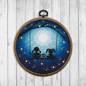 Nature Cross Stitch Pattern, Modern Cross Stitch Pattern, Girl Cross Stitch Pattern, Dog Cross Stitch, Fireflies, Moon, Starry Sky, Galaxy