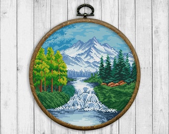 Landscape Modern Cross Stitch Pattern, Nature Counted Cross Stitch Chart, Mountain, Forest, River, Trees, Waterfall, Instant Download PDF