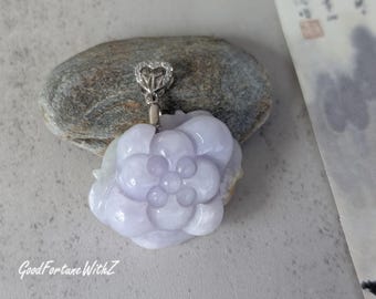 ラベンダー翡翠の花のペンダントネックレス、天然ビルマ翡翠