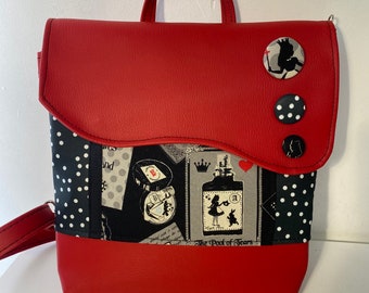 Backpack Parentheses. Red vegan backpack. Handmade woman backpack. Transformable shoulder strap backpack. Alice fabric fabric, polka dots and buttons.