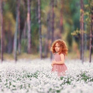 May include: A young girl with curly red hair wearing a pink dress stands in a field of white flowers. The background is a blurred forest.