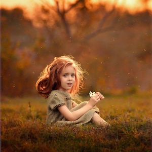 Puede incluir: Una niña con el pelo largo y rojo se sienta en un campo de hierba alta. Lleva un vestido marrón y sostiene una pequeña flor blanca. El fondo es una puesta de sol borrosa.