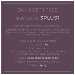 May include: A purple text graphic with the text "BUY 3 GET 1 FREE use code 3PLUS1".  The text below explains how to redeem the offer when checking out on Etsy.