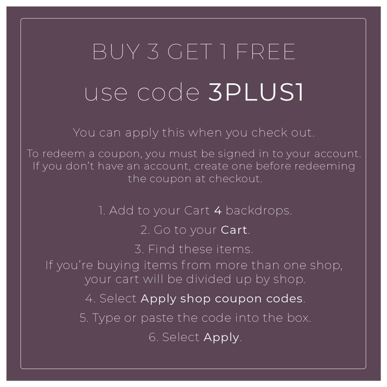 May include: A purple text graphic with the text "BUY 3 GET 1 FREE use code 3PLUS1".  The text below explains how to redeem the offer when checking out on Etsy.
