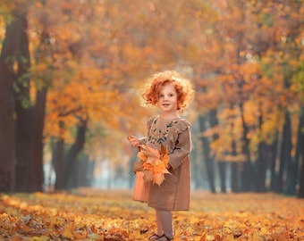 May include: A young girl with red curly hair stands in a forest of autumn leaves. She is wearing a brown dress with embroidered details and is holding a bunch of yellow and orange leaves.