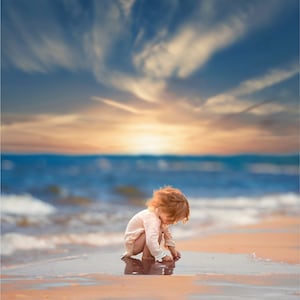 Sunset Sea Digital Backdrop, Sand Beach Background, Coast, Summer, Nature, Instant Download