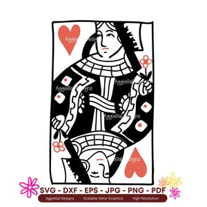 Regina di Cuori SVG - San Valentino Divertente - Carta da gioco nera con accenti rossi - Coppie - file digitali di qualità svg, dxf, PNG, pdf, JPG, eps