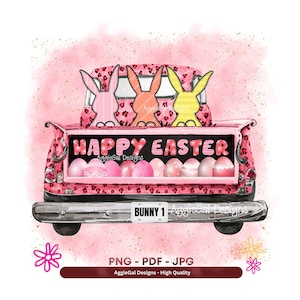May include: A pink truck bed with a leopard print design, carrying three bunny silhouettes and Easter eggs. The words "HAPPY EASTER" are displayed on the truck bed. The image has a pink watercolor background and the text "BUNNY 1".