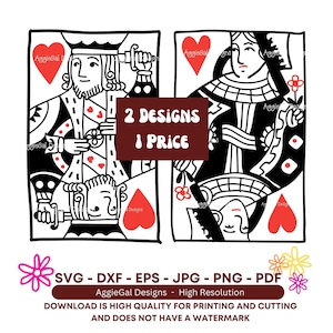SVG - Casais de Dia dos Namorados - Rei e Rainha de Copas - Estilo de carta de baralho preta - Detalhes em vermelho - Arquivos de impressão e corte digitais de alta qualidade png
