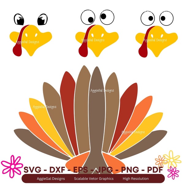 Turkey Trot Costume - 2 Funny Turkey Faces and a set of Tail Feathers - Thanksgiving Turkey shirt Costume  - svg, png, pdf, jpg, dxf, eps