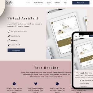 May include: Website mockup on a computer screen and a mobile phone. The website is for a virtual assistant service and features a light pink background with a white text box. The text in the box reads "Virtual Assistant" and lists services offered, including social media, marketing, and Facebook ads. The website also includes a call to action button that says "Book a Call".