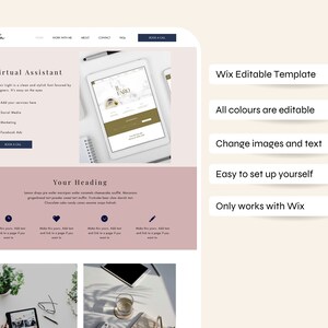 May include: A pink and white website design template for virtual assistants. The template features a checkmark icon next to the text "Wix Editable Template", "All colours are editable", "Change images and text", "Easy to set up yourself", and "Only works with Wix".