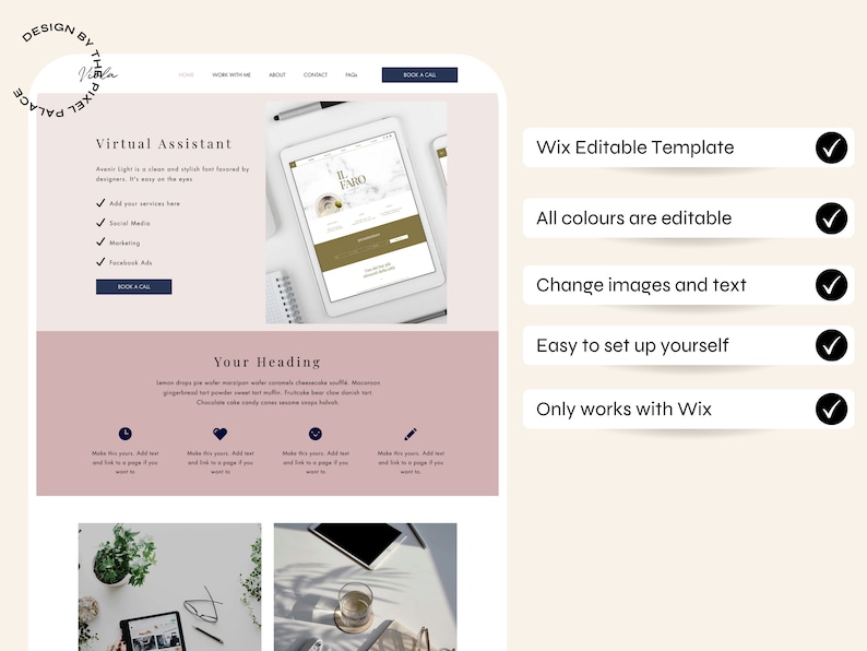 May include: A pink and white website design template for virtual assistants. The template features a checkmark icon next to the text "Wix Editable Template", "All colours are editable", "Change images and text", "Easy to set up yourself", and "Only works with Wix".