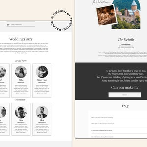 May include: A wedding website with a black and white photo of the wedding party, a section for details about the wedding, and a section for frequently asked questions. The website includes the text "Wedding Party", "Bridel Party", "Groomesmen", "The Details", "As we have lived together a year or two, We really don't need anything new. But if you were thinking of giving us a small wedding gift. Some pennies for our future wouldn't go a miss", "Can you make it?", "Details", "FAQs", and "What is the dress code for the wedding?", "What time should we arrive at the venue?", "Is parking available at the venue?", "Can I take photos during the ceremony?"