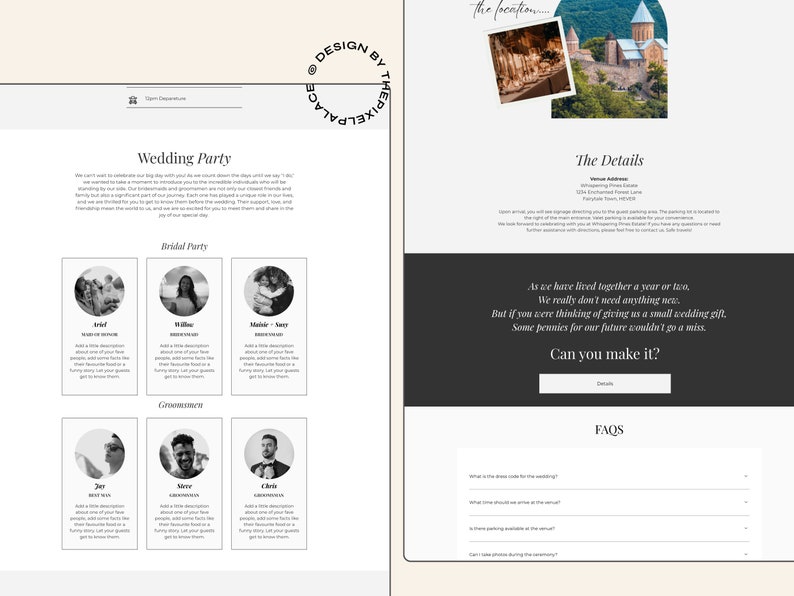 May include: A wedding website with a black and white photo of the wedding party, a section for details about the wedding, and a section for frequently asked questions. The website includes the text "Wedding Party", "Bridel Party", "Groomesmen", "The Details", "As we have lived together a year or two, We really don't need anything new. But if you were thinking of giving us a small wedding gift. Some pennies for our future wouldn't go a miss", "Can you make it?", "Details", "FAQs", and "What is the dress code for the wedding?", "What time should we arrive at the venue?", "Is parking available at the venue?", "Can I take photos during the ceremony?"