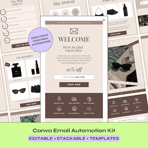 Può includere: Un kit di modelli di marketing digitale con un design centrale per email di benvenuto su sfondo beige, testo marrone scuro e un'icona a forma di busta. Il layout include un'offerta di sconto del 10%, un pulsante per acquistare e un piè di pagina con icone per acquisti sicuri, spedizione gratuita e resi.