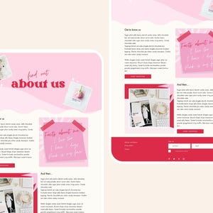 May include: A pink and white website design with the text "find out about us." The design includes pink sticky notes with text, images, and blocks of text. The website is designed by Wix.