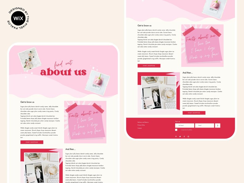 May include: A pink and white website design with the text "find out about us." The design includes pink sticky notes with text, images, and blocks of text. The website is designed by Wix.