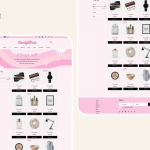 Op de afbeelding: Een roze en wit e-commerce website ontwerp met de tekst "CandyFloss" bovenaan. De website toont verschillende producten, waaronder schoenen, brillen, horloges en woondecoratie-artikelen. Het ontwerp bevat een "Shop all" sectie.
