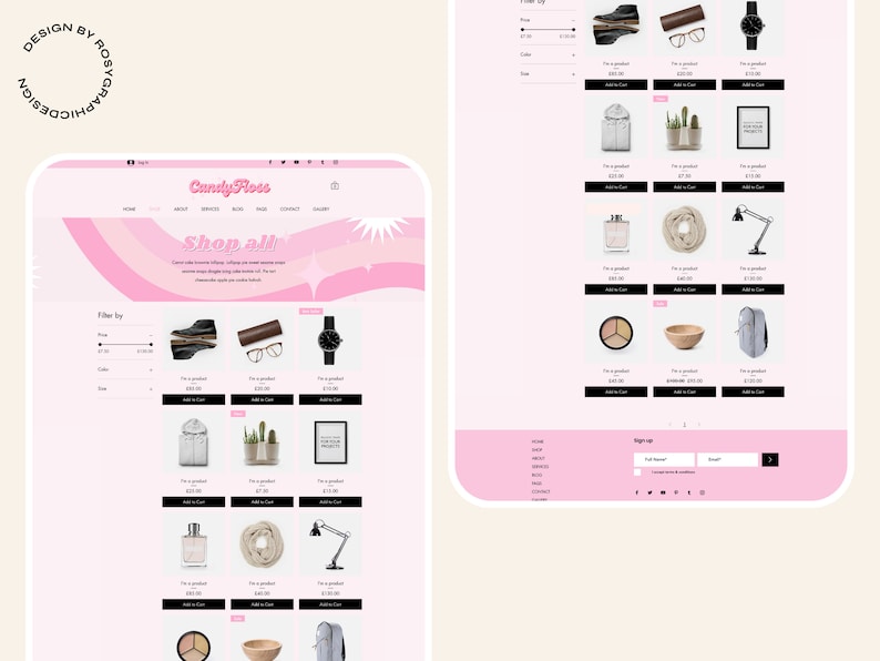 Op de afbeelding: Een roze en wit e-commerce website ontwerp met de tekst "CandyFloss" bovenaan. De website toont verschillende producten, waaronder schoenen, brillen, horloges en woondecoratie-artikelen. Het ontwerp bevat een "Shop all" sectie.