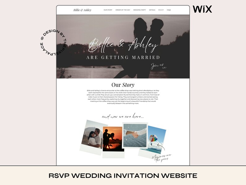 May include: A wedding invitation website with a black and white silhouette of a couple embracing in front of a lake. The website features the text "Billie & Ashley Are Getting Married" and "Join us".