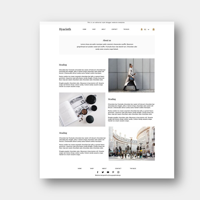 May include: A website homepage for a bakery called Hyacinth. The website features images of various baked goods, including chocolate bars, cookies, and cakes. The website also includes text about the bakery and its products.