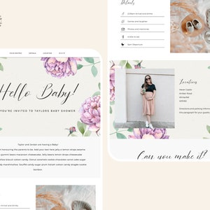 May include: A baby shower invitation with a floral design. The invitation says "Hello Baby!" and "You're invited to Taylor's Baby Shower". The invitation also includes details about the event, such as the date, time, and location.