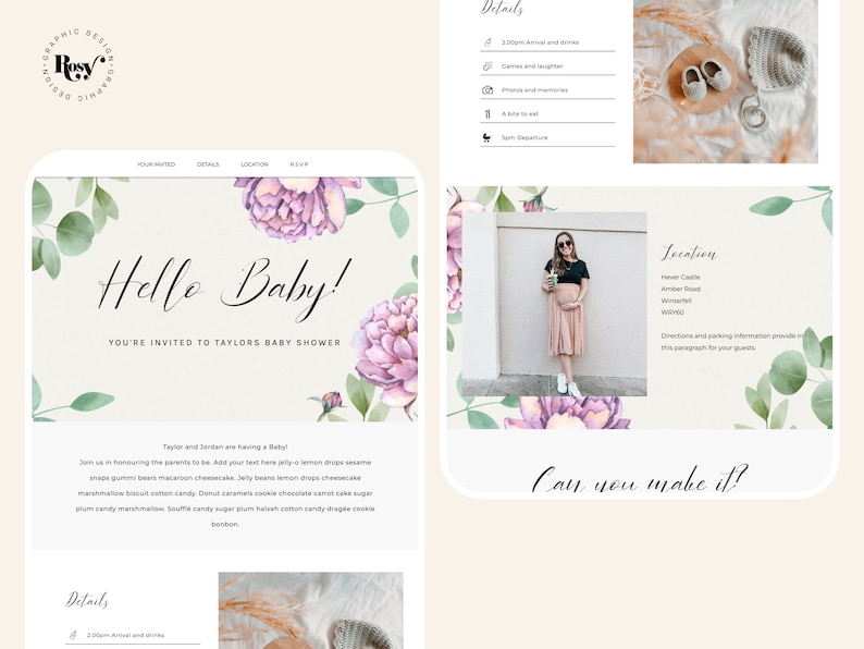 May include: A baby shower invitation with a floral design. The invitation says "Hello Baby!" and "You're invited to Taylor's Baby Shower". The invitation also includes details about the event, such as the date, time, and location.