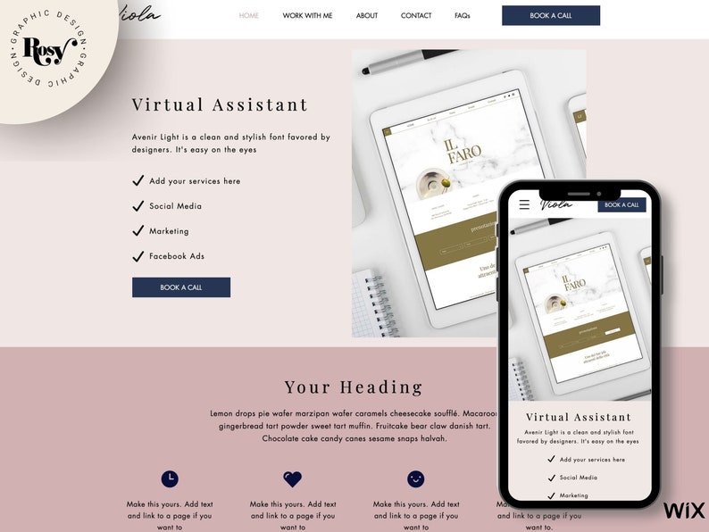 May include: Website mockup on a computer screen and a mobile phone. The website is for a virtual assistant service and features a light pink background with a white text box. The text in the box reads "Virtual Assistant" and lists services offered, including social media, marketing, and Facebook ads. The website also includes a call to action button that says "Book a Call".