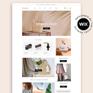 May include: A website homepage for a fashion brand called Hyacinth. The website features a straw bag, a pair of glasses, a watch, a handbag, and a skirt. The website also includes a call to action to follow the brand on Instagram.