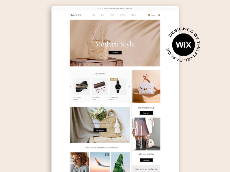 May include: A website homepage for a fashion brand called Hyacinth. The website features a straw bag, a pair of glasses, a watch, a handbag, and a skirt. The website also includes a call to action to follow the brand on Instagram.