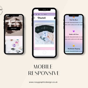 May include: Three mobile phone screens showing a website design for a business called "Bluebell". The website features a pink and purple color scheme and includes text such as "Find out more about us", "Our Story", "Feel the Burn", "Made with love", and "Worldwide Shipping".