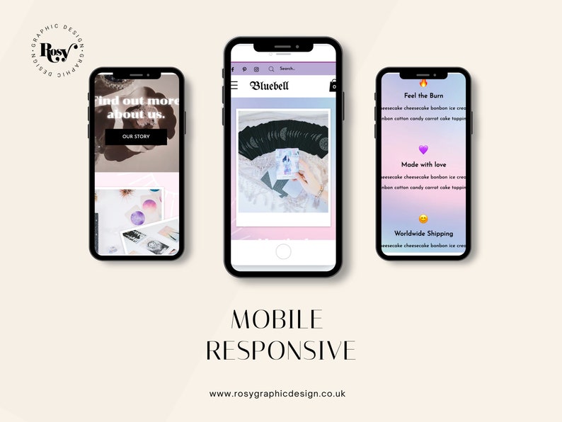 May include: Three mobile phone screens showing a website design for a business called "Bluebell". The website features a pink and purple color scheme and includes text such as "Find out more about us", "Our Story", "Feel the Burn", "Made with love", and "Worldwide Shipping".