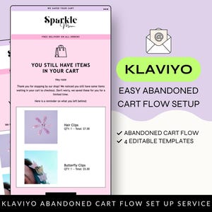 Klaviyo 放棄されたカートのメール テンプレート フロー クイック セットアップ サービス、編集可能な放棄されたカートのテンプレート、ピンクのデザイン