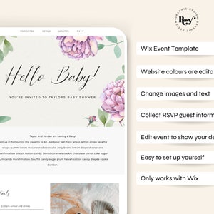 May include: A Wix website template for a baby shower. The template features a floral design with pink and green colors. The text "Hello Baby!" is displayed at the top of the page. The template includes features such as editable website colors, image and text changes, RSVP guest information collection, and easy setup.