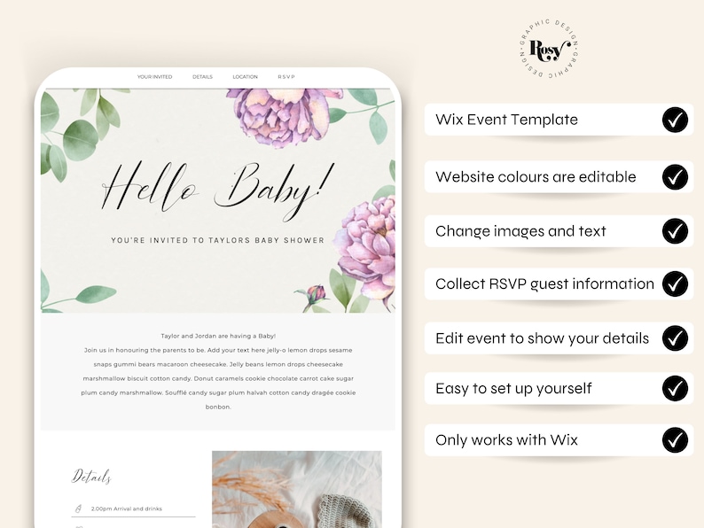 May include: A Wix website template for a baby shower. The template features a floral design with pink and green colors. The text "Hello Baby!" is displayed at the top of the page. The template includes features such as editable website colors, image and text changes, RSVP guest information collection, and easy setup.