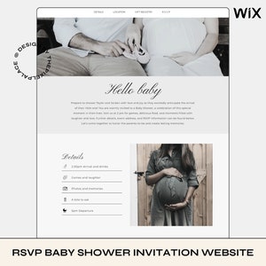 May include: A website invitation for a baby shower with a gray and white color scheme. The text "Hello baby" is at the top of the page. The website includes details about the event, such as the time and location. There is also a section for RSVP.