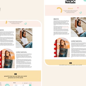 May include: A digital website layout design titled Apples Socialz featuring a light peach background, two photographs of a person, and text sections. The design includes a circular logo, an about section, and a footer with social media icons.